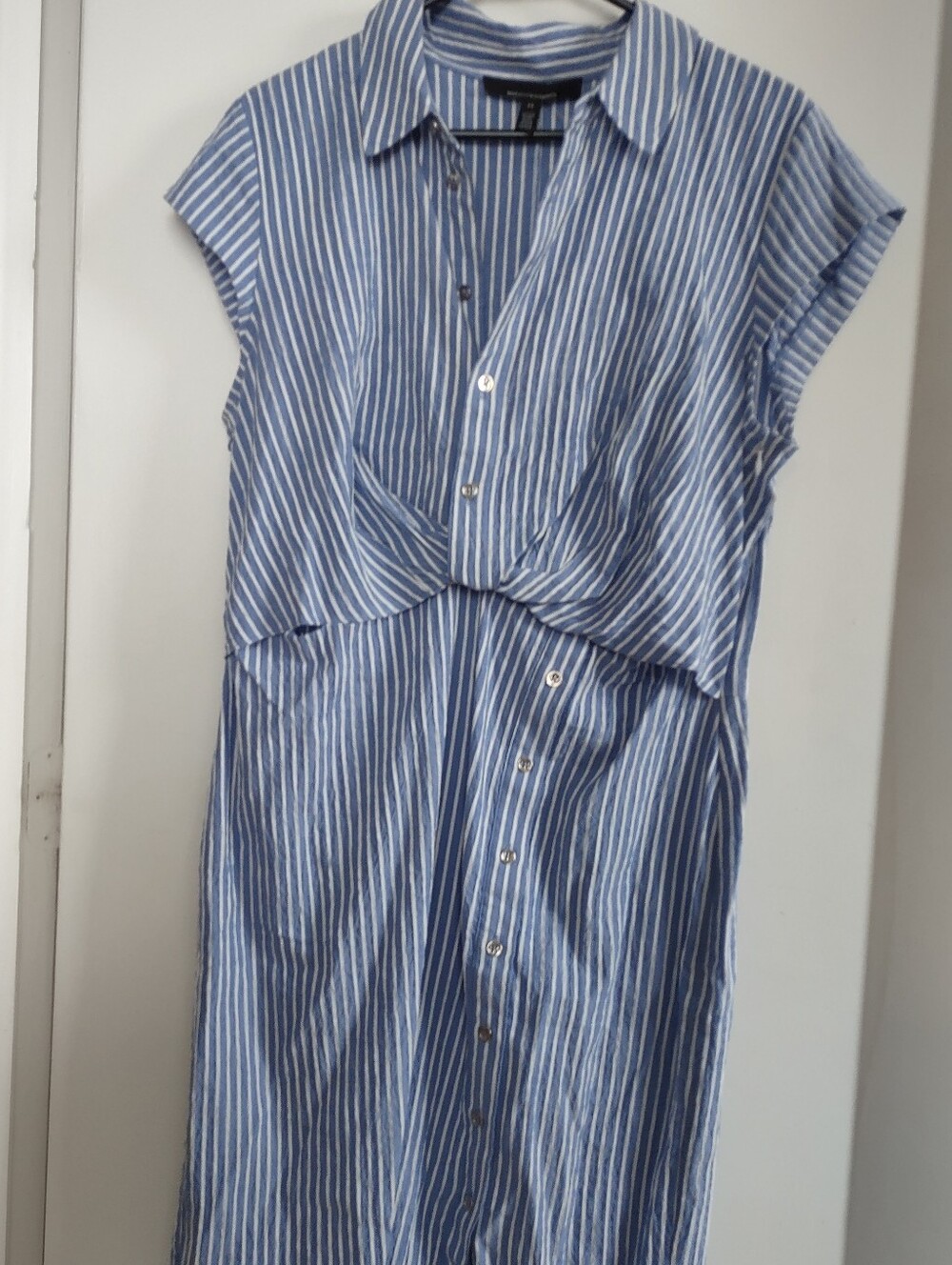 Blue and White Striped Button-Front Midi Dress